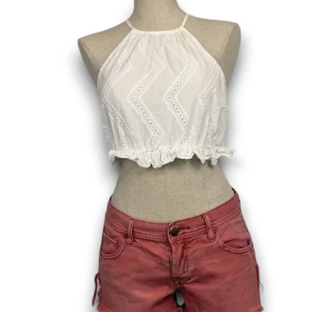 Forever 21, Eyelet Cotton Embroidered Ruffle Crop Halter Top-White, Sz S